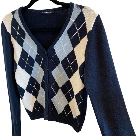 Brandy Melville Elizabeth Argyle Cardigan In Navy Blue & White - Picture 8 of 14
